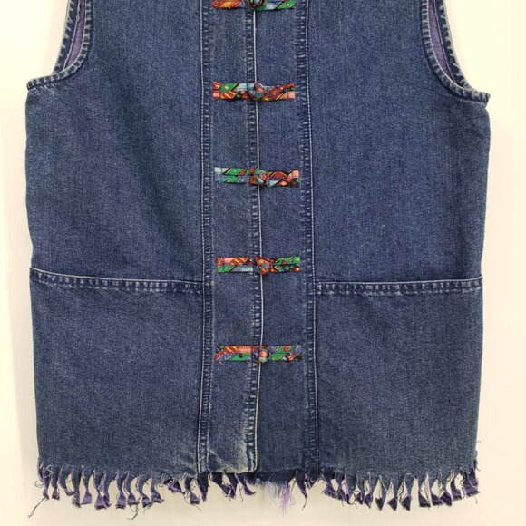 Vintage 90s Denim Vest M Womens Upcycle Fringe Hem Medium Wash Blue Jean - Picture 4 of 6